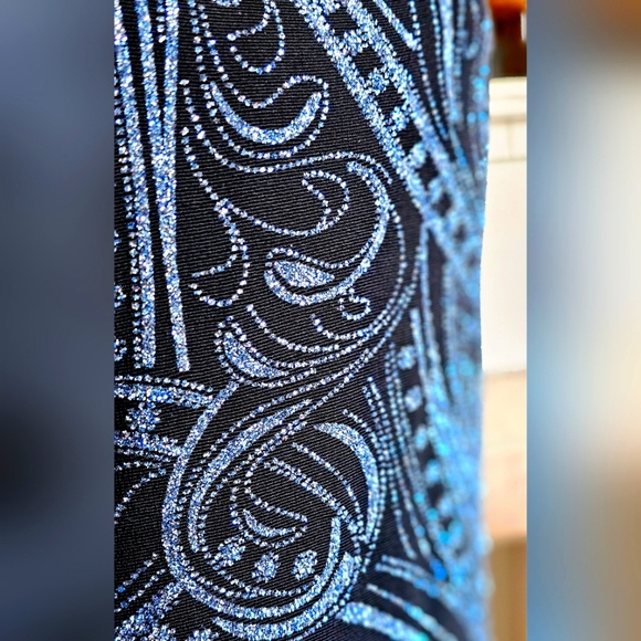 Marina bodycon dress, black with pale blue metallic design, size 4. - Picture 3 of 9